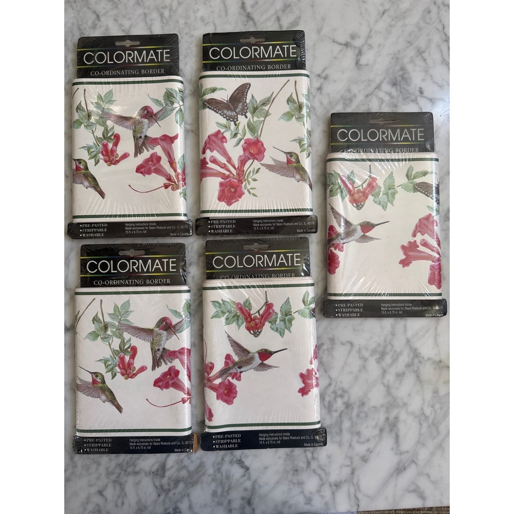 Vintage Colormate Hummingbird Floral Wall Border Sears Pre-Pasted 75ft-5 Rolls